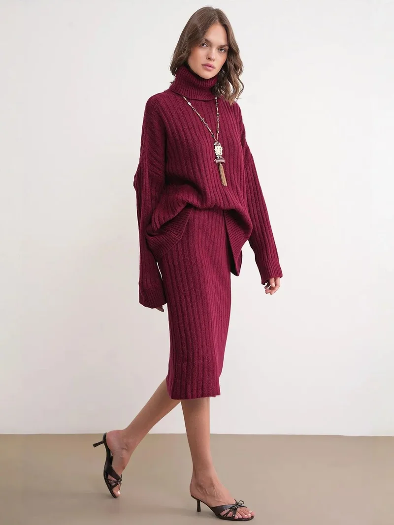 Mixray Burgundy Red MIXRAY High Waist Ribbed Knit Skirt for Women | Best Price UAE